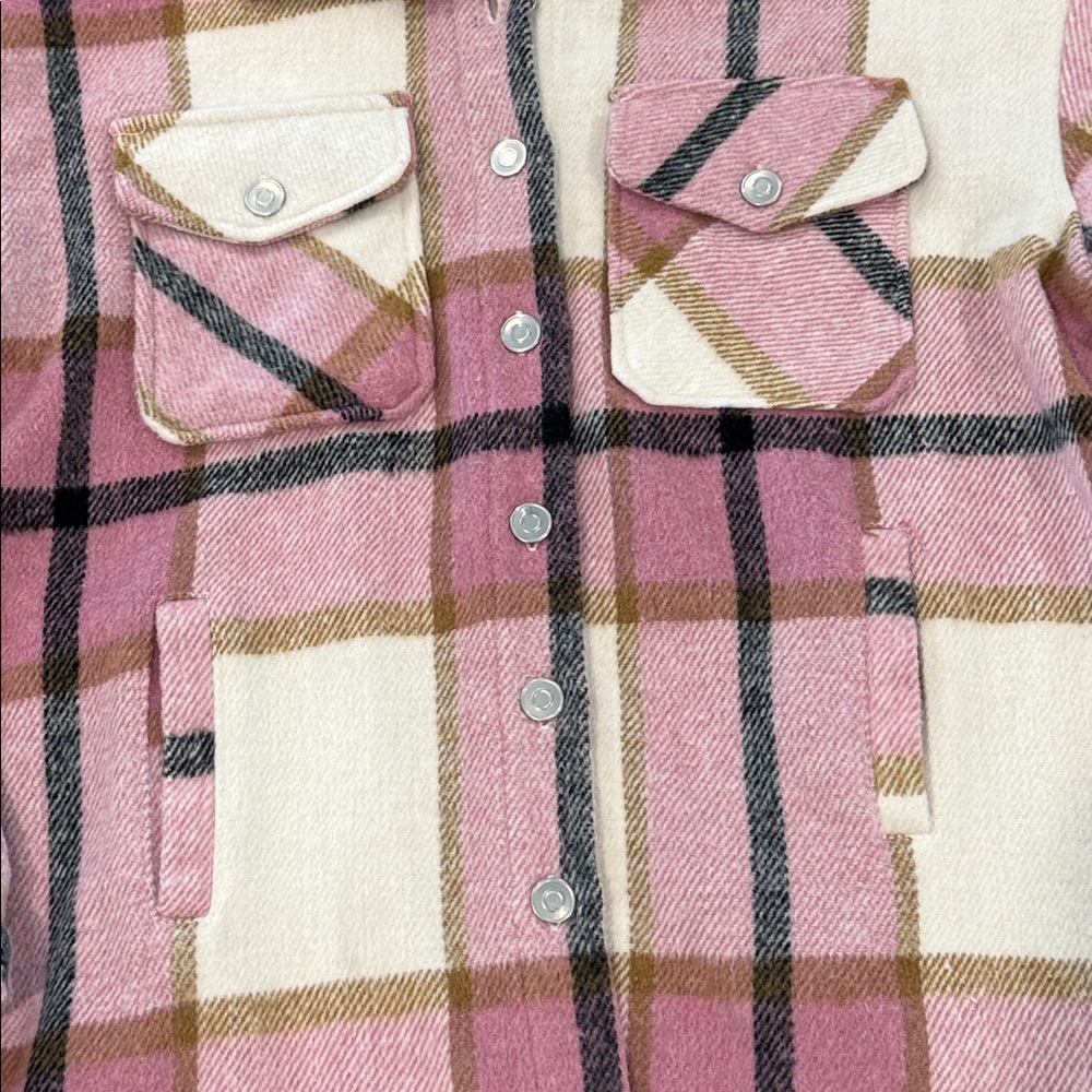 Women’s Plaid Shacket Shirt Pink and Cream Soft Long Sleeve Winter Top S - Picture 10 of 16